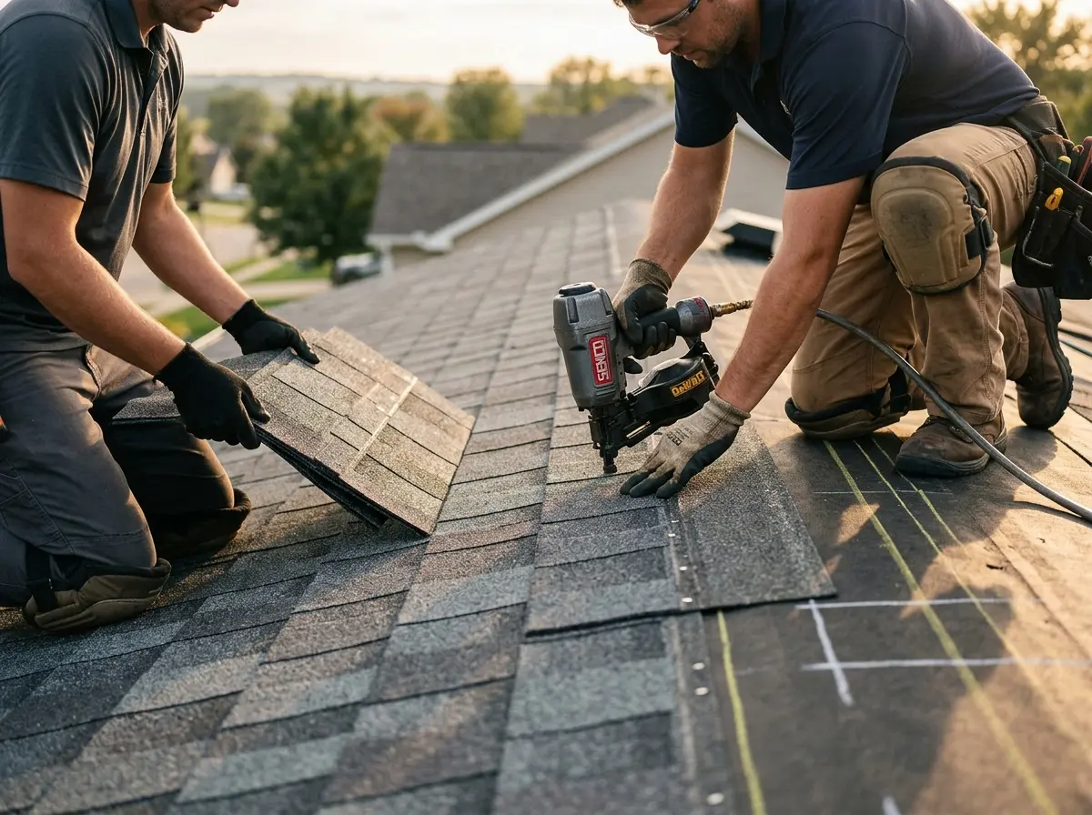 Professional roofer working on a residential roof in Roanoke